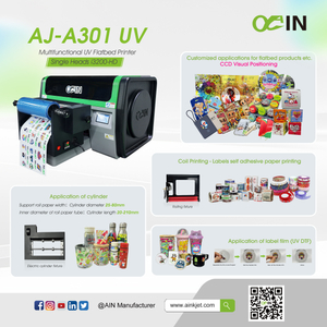 AINKJET AJ-A301 طابعة مسطحة متعددة الوظائف UV DTF + طابعة ملصقات كريستالية رول